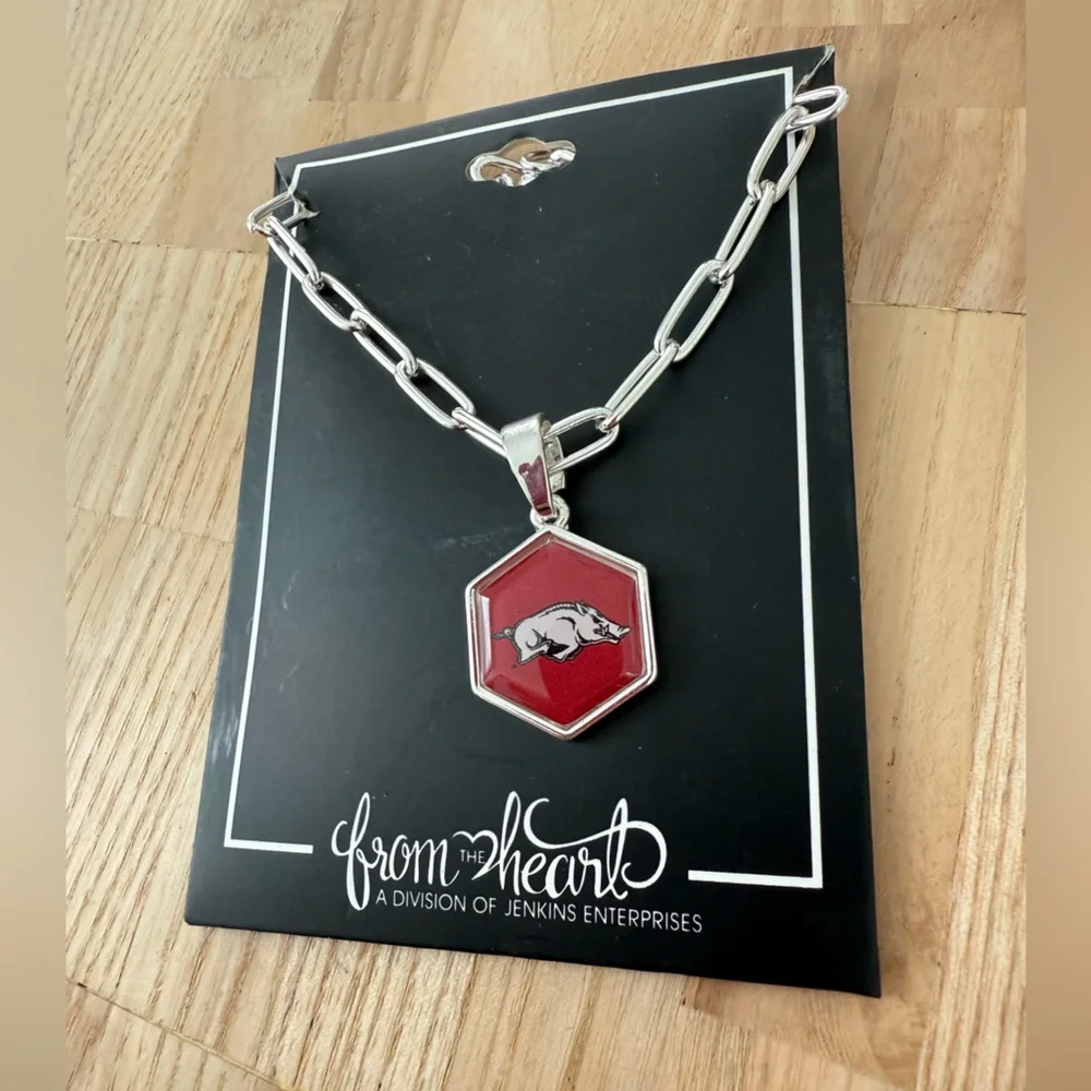 Arkansas razorback silver tone team mascot necklace